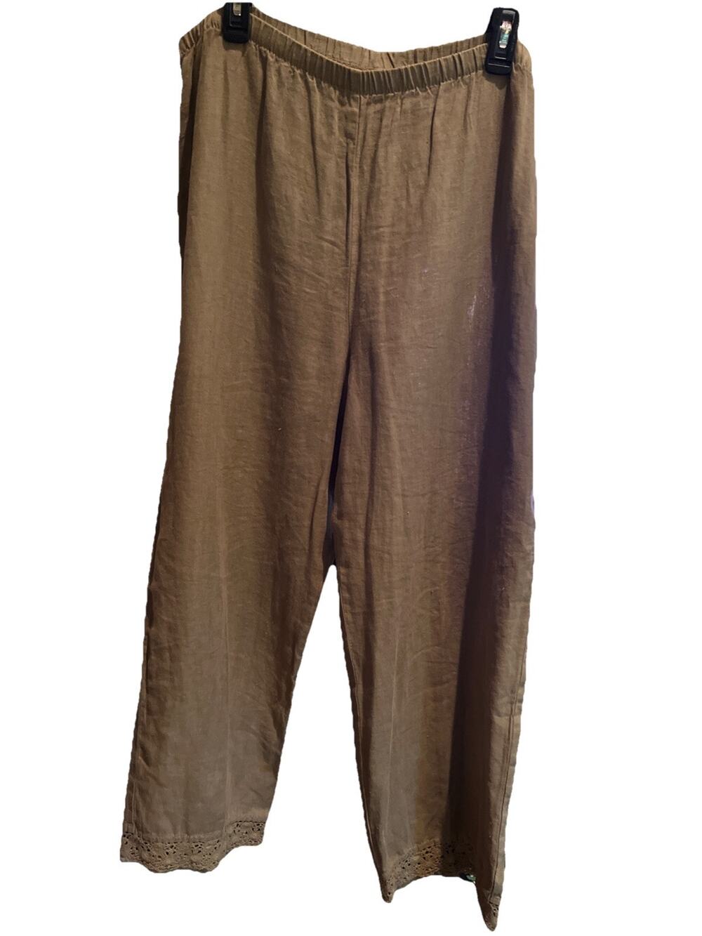 J Jill Womens Pants Medium Taupe 100% Linen Relaxed Pull On Crochet Casual Beach